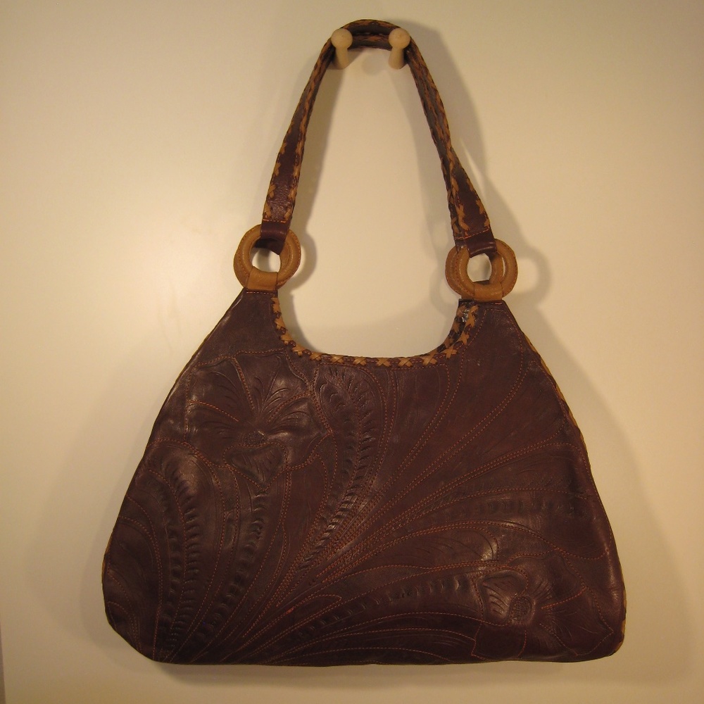 Rich Dark Brown Tooled Leather Bag